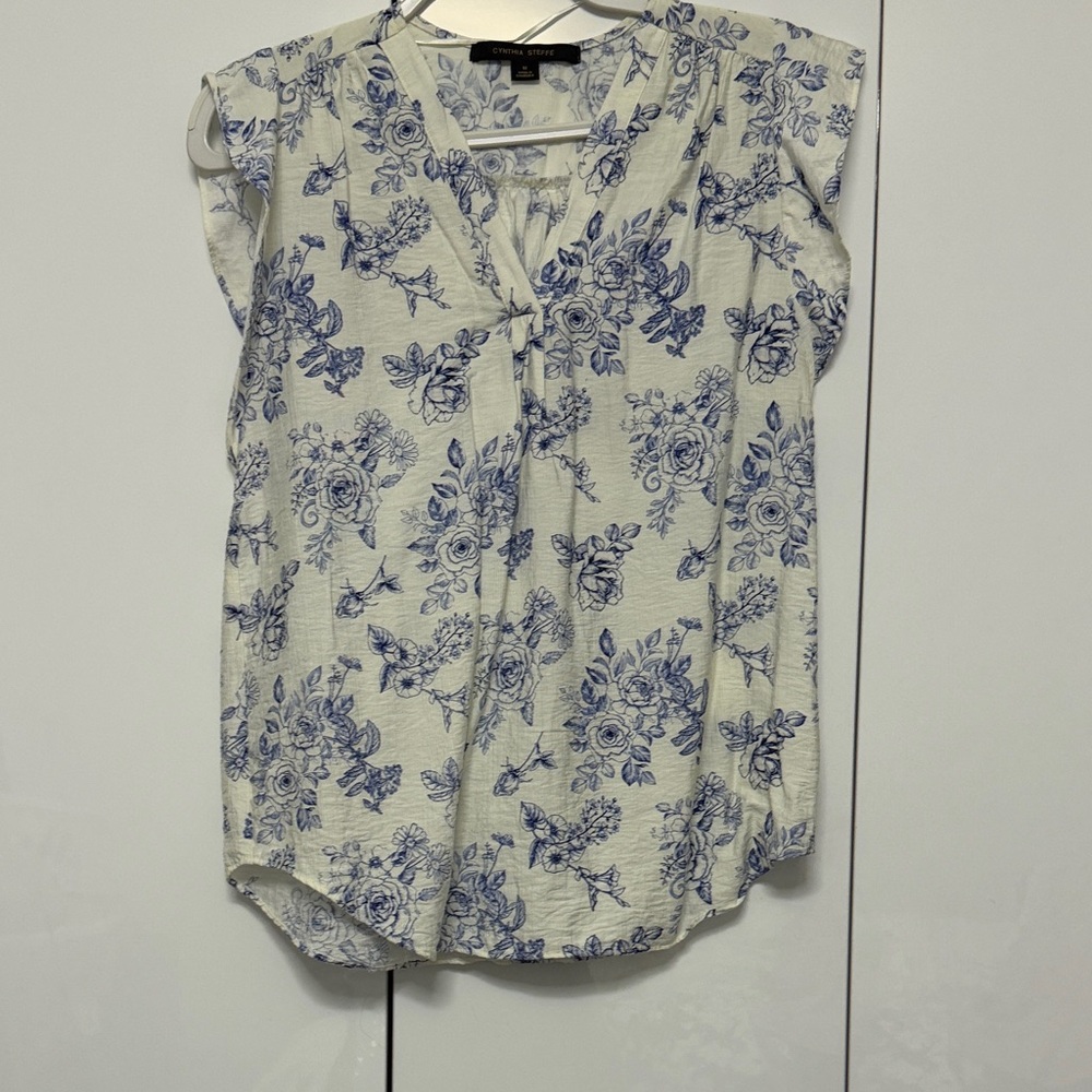 Blue Floral Print Blouse Lightweight Summer Top